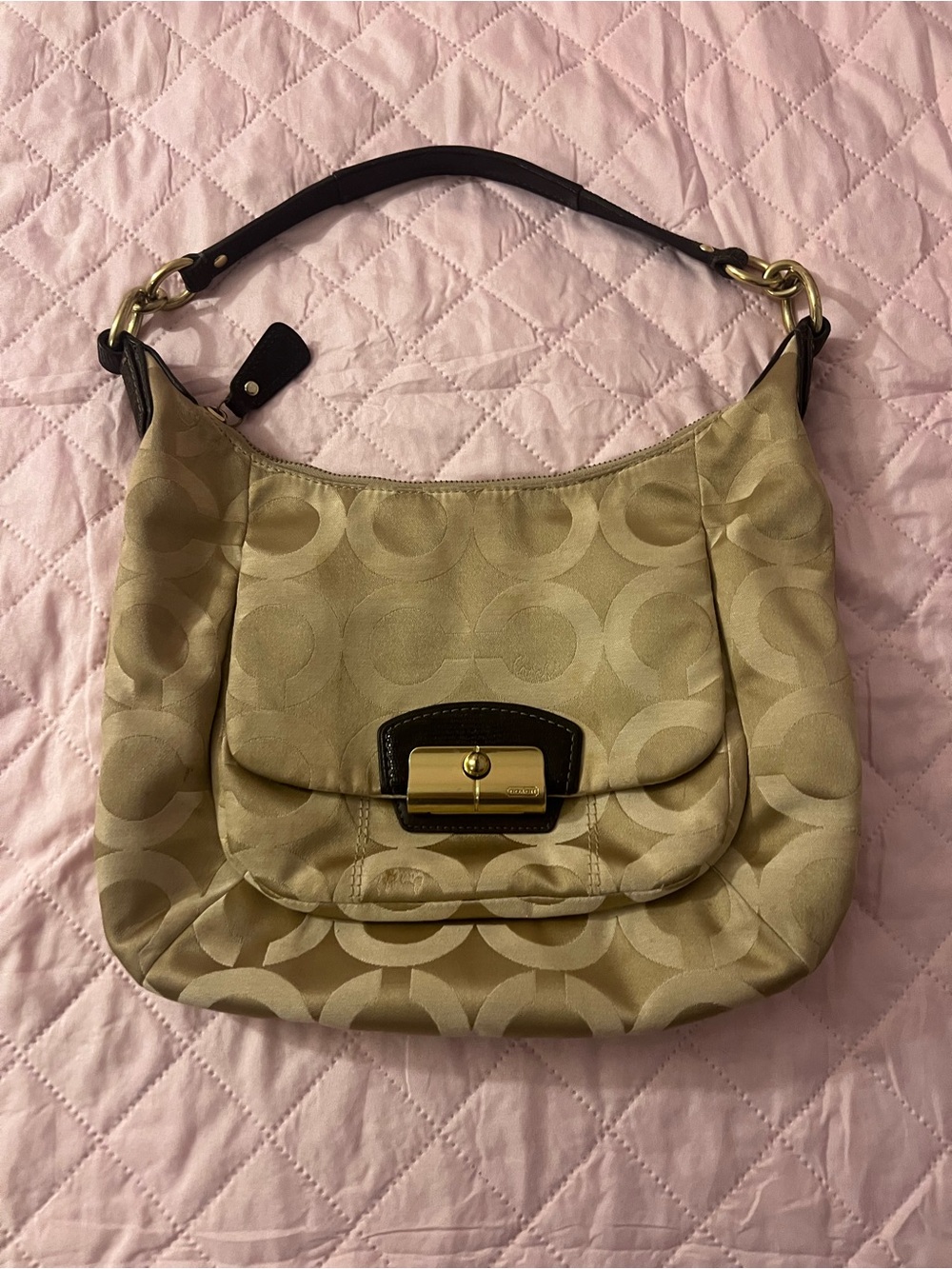 Coach Tan Signature Jacquard Hobo with Gold Hardware